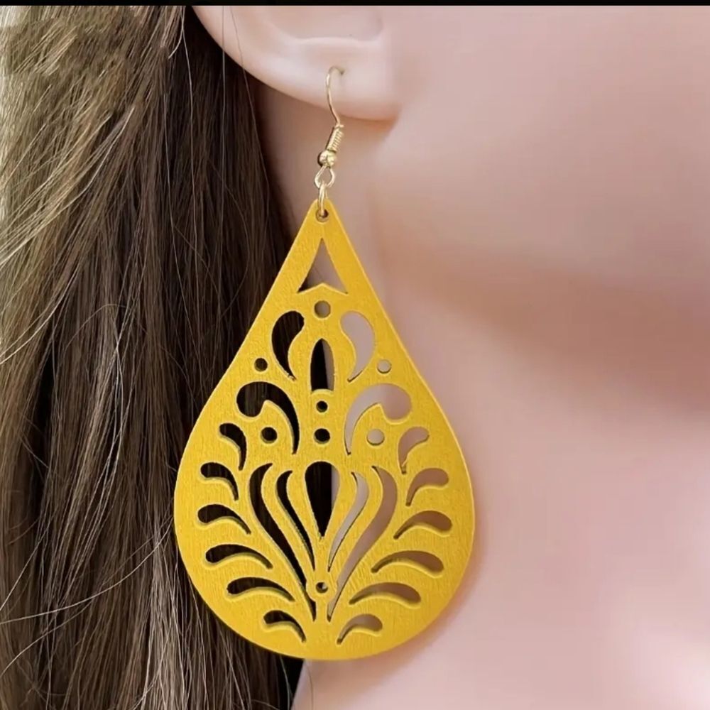 Mustard earrings yellow wooden boho jewelry tear drop pear shape